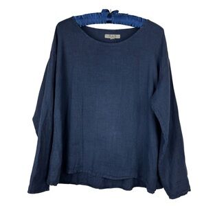 Flax Women's Linen Lagenlook Long sleeve Tunic Top Navy Blue Size P Lightweight